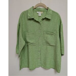 C&C California 100% Linen Green Chartreuse Boxy Button Up Blouse Top Size Medium